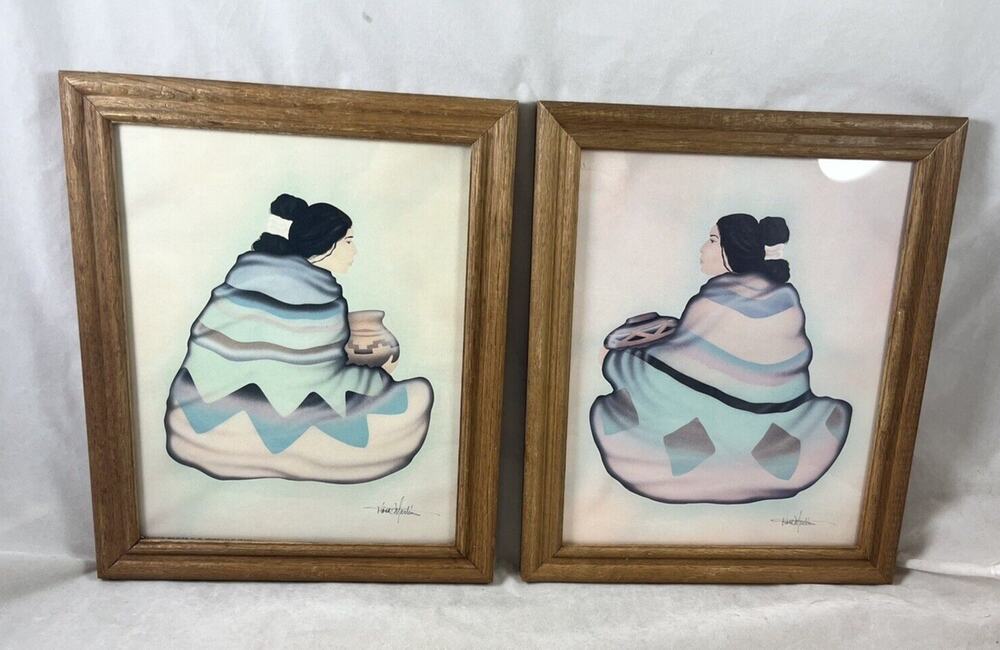 Pair Navajo Women with Pots Framed Southwest Prints Artist Diana Martin Vintage